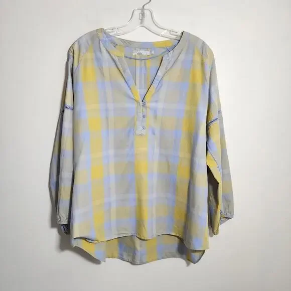 PrAna Elena popover yellow & blue plaid vneck button front shirt woman's size XL - Picture 3 of 12